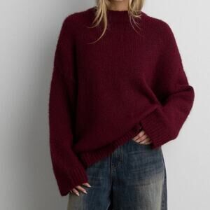 OAK + FORT Oversized Slouchy Fuzzy Crewneck Sweater Wine XS Academia Preppy